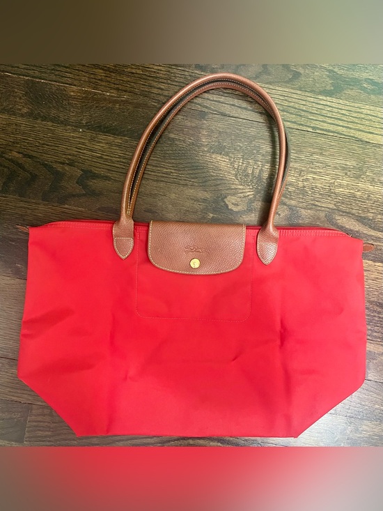 Longchamp Handbags - Longchamp Le Pliage Large Red Nylon Tote Bag Brown Leather Handles
